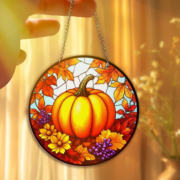 Pumpkin Stained Glass Suncatcher Fall Window Hanging Decor Autumn Leaves Sun Catcher Thanksgiving Halloween, Rustic Harvest Home Decor
