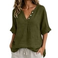 thumbnail image 2 of Tops for Women Casual 100% Cotton V-Neck Button Five-Quarter Sleeve Top, 2 of 8