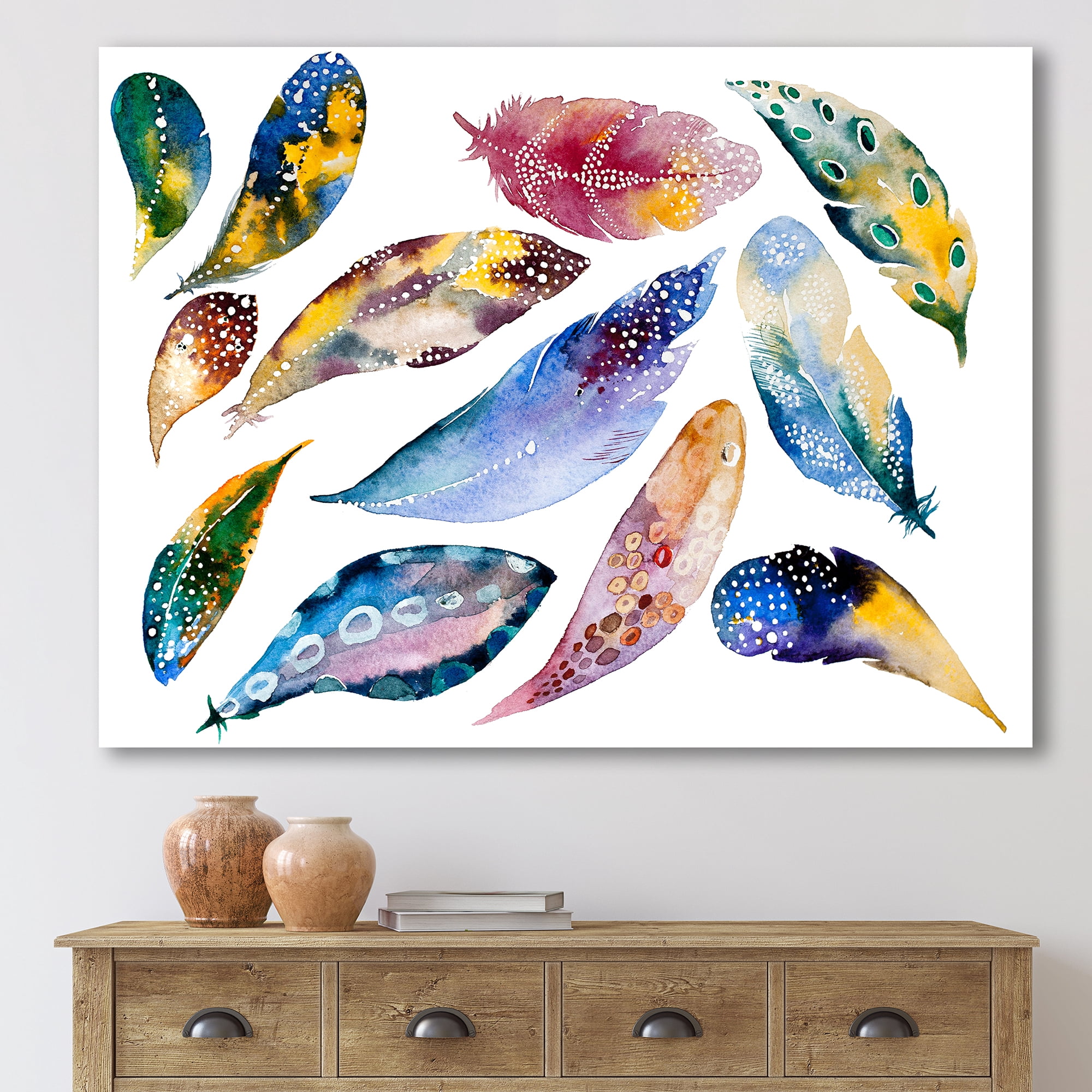 Designart ' Colourful Boho Feather Set On White VI ' Bohemian & Eclectic Canvas Wall Art Print