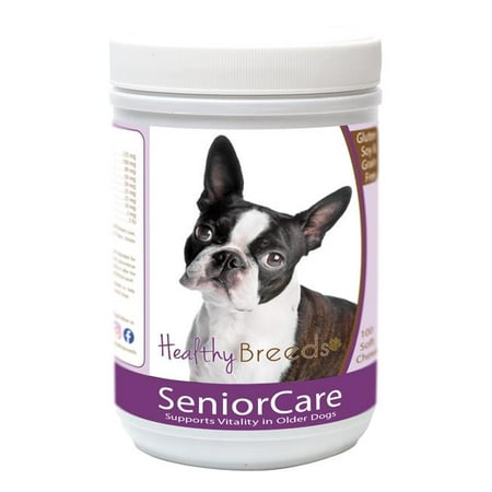 healthy breeds dog senior vitamin soft chews for boston terrier  - over 100 breeds - grain free - supports healthy hip & joint energy levels & immune system - 100