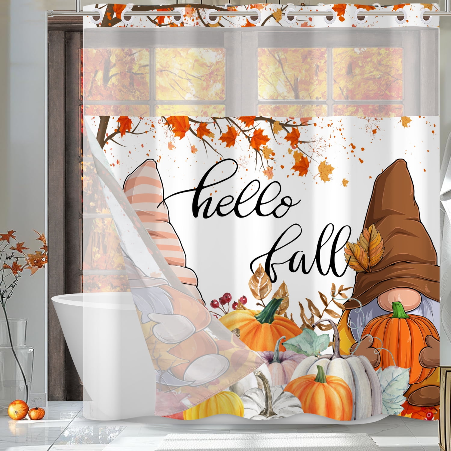 MIZHONA Fall Thanksgiving Shower Curtain with Snap in Liner,Gnomes and Pumpkin No Hook Fabric Bathroom Curtain,71"× 83"