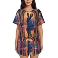 thumbnail image 1 of Balery Neon Rabbit In Archway Conjunto de Pijama para Mujer con Estampado, Dos Piezas de Manga Corta y Shorts, Ropa de Dormir Suave con Cuello Redondo y Bolsillos-Small, 1 of 6