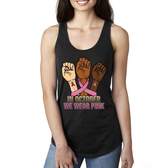 Wild Bobby In October We Wear Pink Protest Fists Breast Cancer Awareness Women Racerback Tank Top, Black, Small