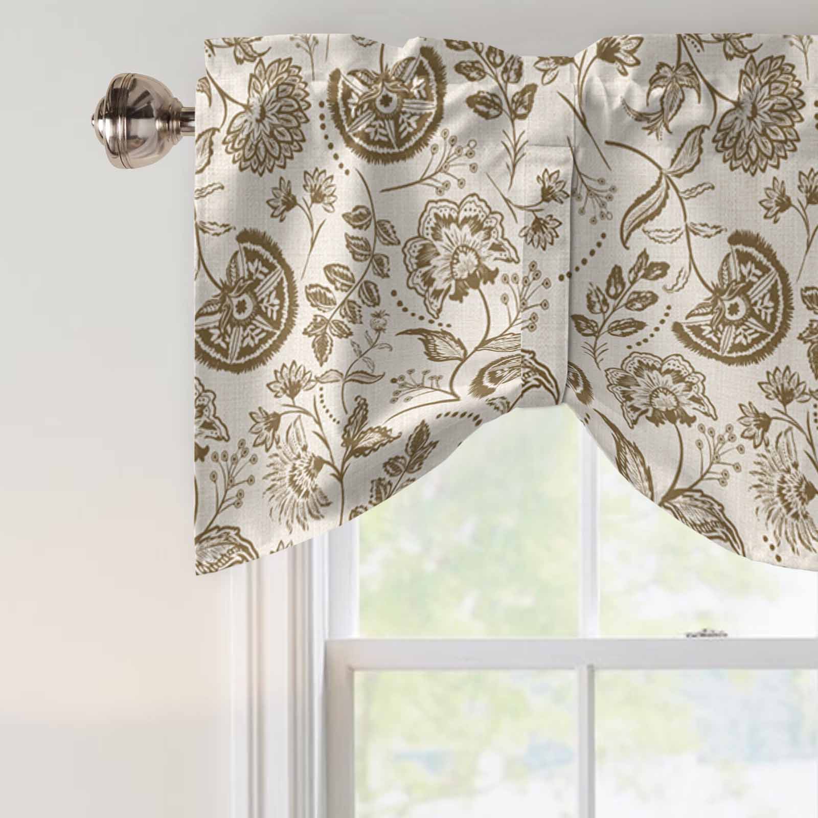 Farmhouse Brown Floral Tie Up Valances Curtain, Linen Boho Flower Rustic Country Adjustable Rod Pocket Short Window Treatment Tie Up Curtains Valances for Kitchen Living Room Bathroom 54x18 Inches
