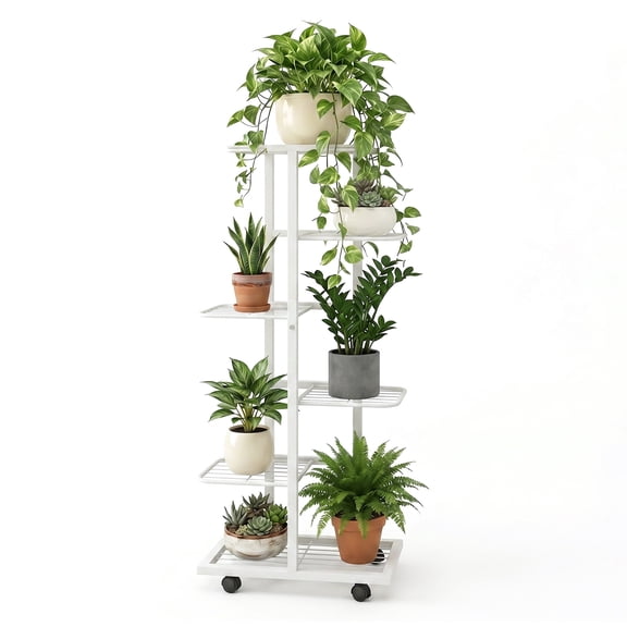 Eurhowing 6 Tier Plant Stand with Wheels, Tall Metal Rolling Plant Stand, Flower Pot Shelf for Indoor Outdoor Plants & Display, White