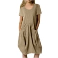 thumbnail image 1 of Birdeem Robe Décontractée Mode Col Rond Boutons Manches Courtes Coton Lin Longueur Genou avec Poches Robes Unies, 1 of 8