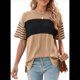 thumbnail image 3 of Blusas de Verano para Mujer, de Gran Tamaño, con Cuello Redondo, Informales, A Rayas y Bloques de Color, Color Caqui, Talla L, 3 of 9