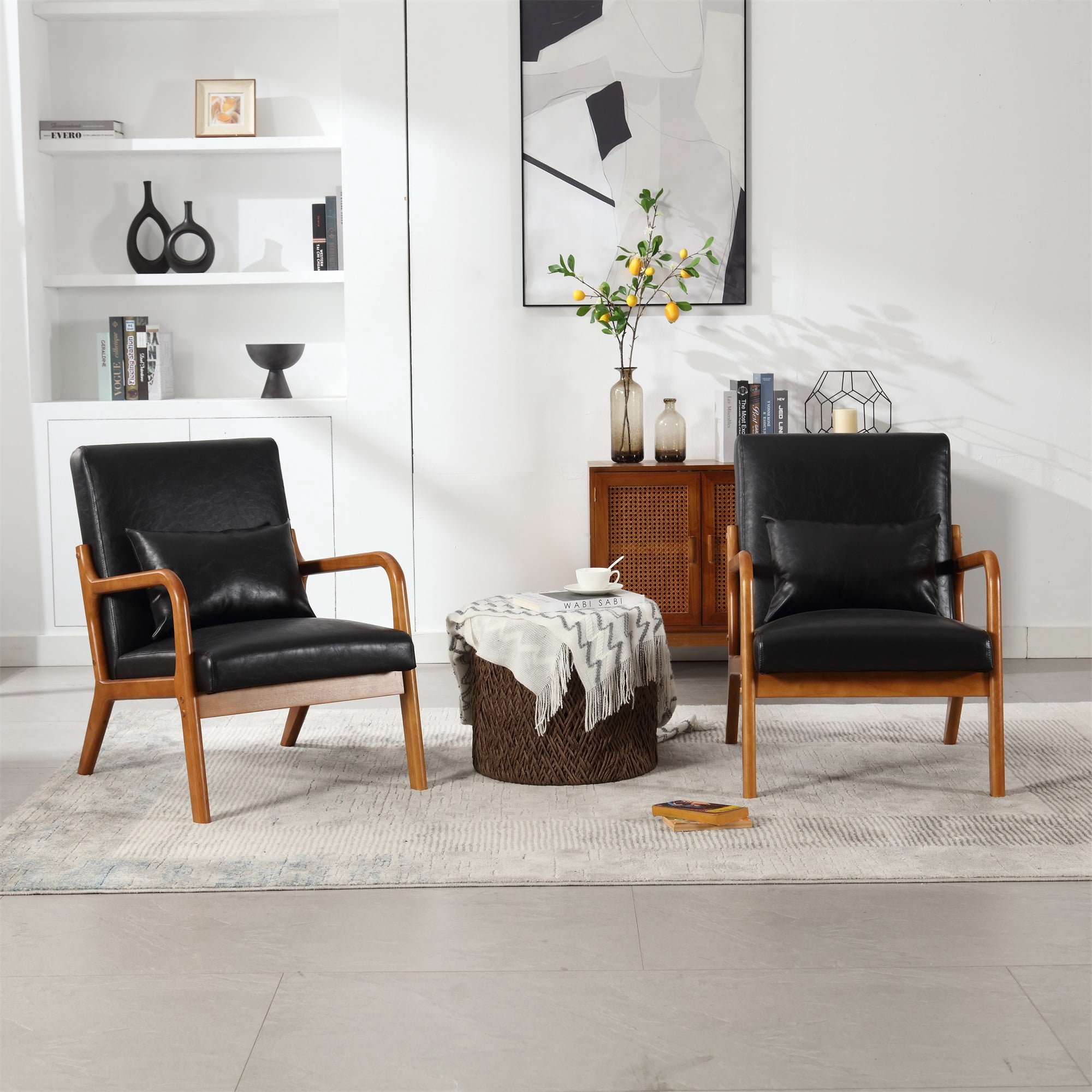 Miniyam Modern PU Leather Accent Chair, Solid Wood Lounge Reading Armchair With One Pillow for Living Room, Bedroom, Guest Room, Black