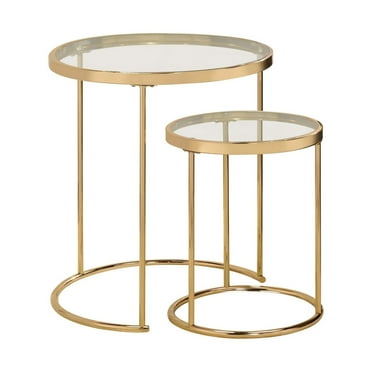 23 Inch Round Nesting Tables Glass Metal Base Set of 2 Gold Clear - Saltoro Sherpi