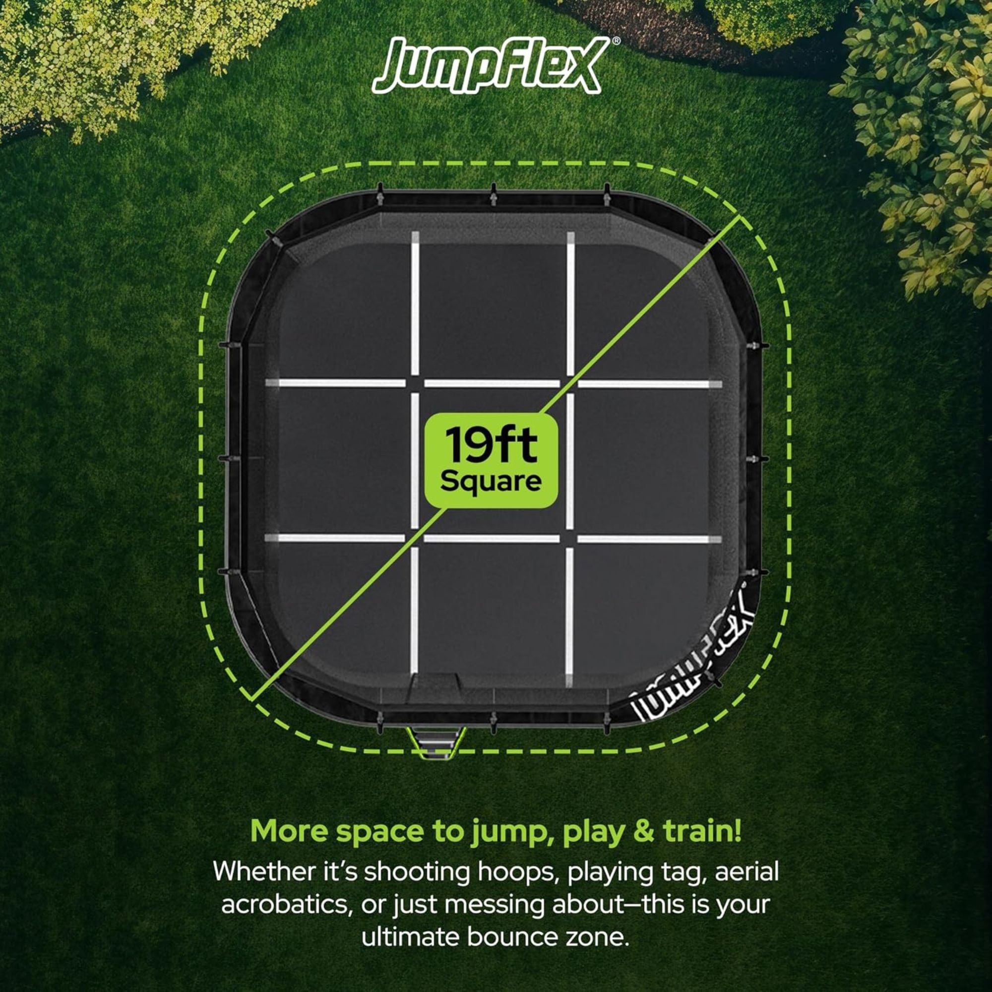 JumpFlex 19' Trampoline MEGA Outdoor Playset with Net and Ladder, Green/Black