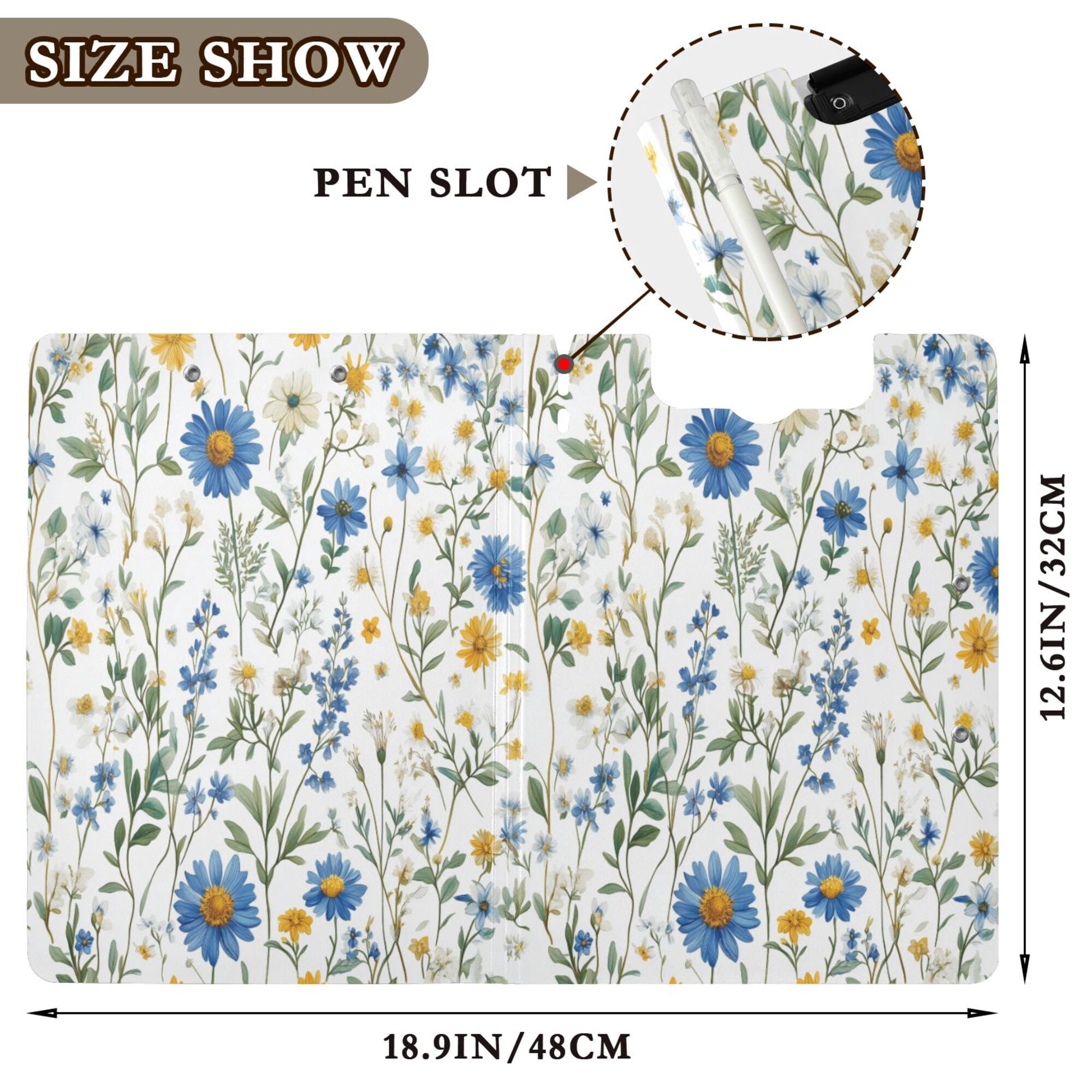 FORMRS A4 Clipboard Folder with Pen Holder Horizontal Foldable School Office Binder, Blue Floral