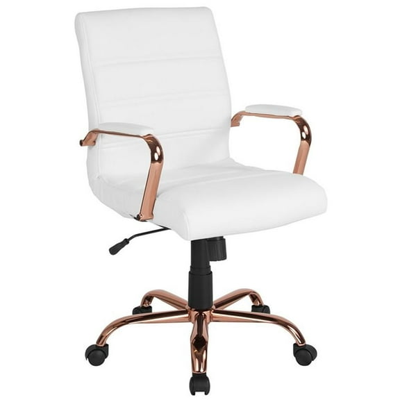 Pemberly Row Mid Back Leather Office Swivel Chair in White and Rose Gold