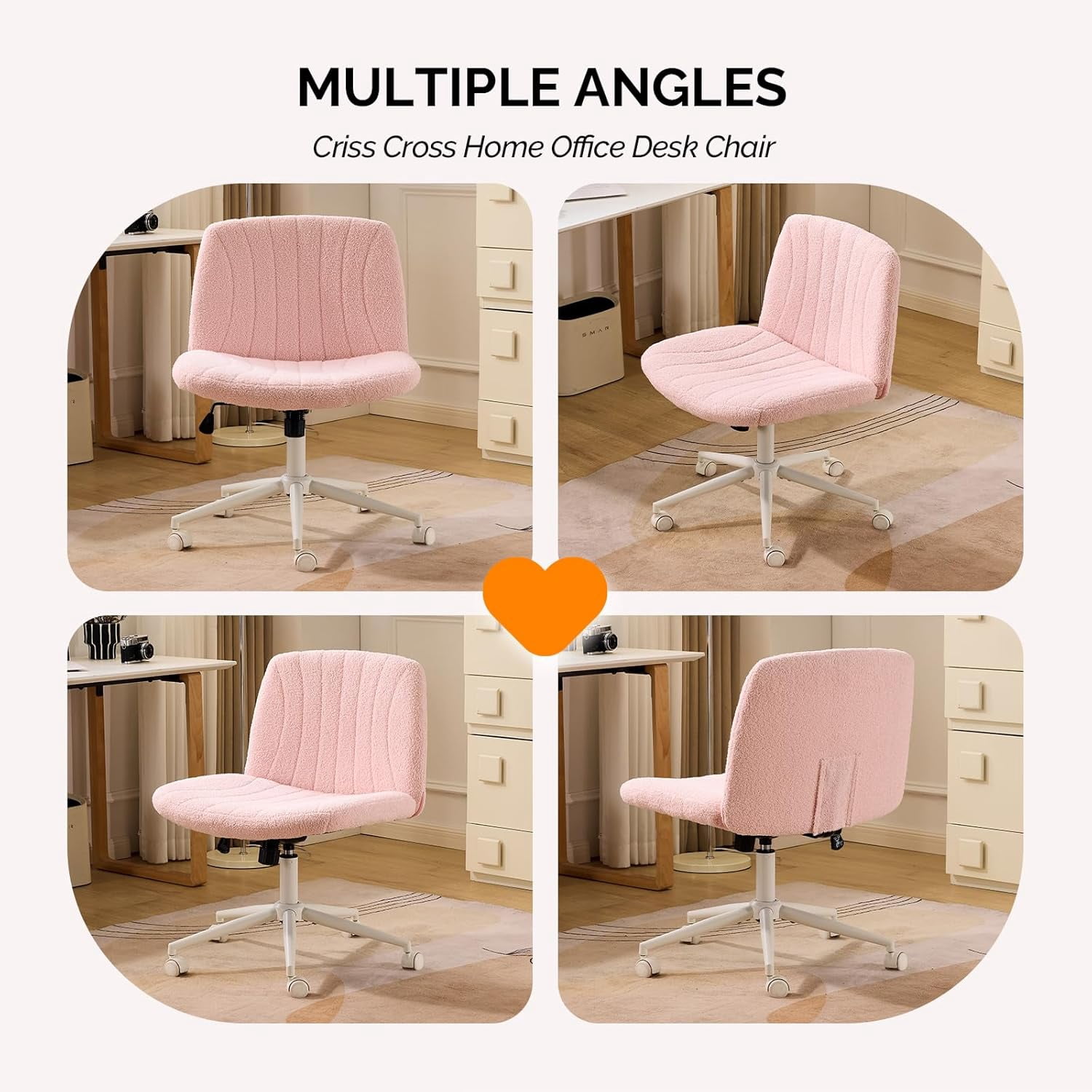JOYMOR Modern Vanity Chair Dual-Use with/no Wheels, Armless Criss Cross Legged Chair, Swivel Wide Comfy Office Desk Chair, Computer Chair