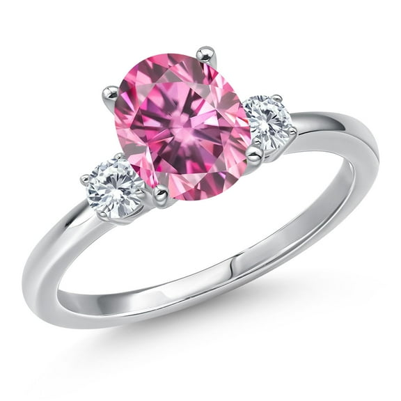 Gem Stone King 14K White Gold Pink Moissanite and Moissanite Engagement Ring for Women | 2.20 Cttw | Oval 9X7MM | Gemstone Birthstone | Size 9