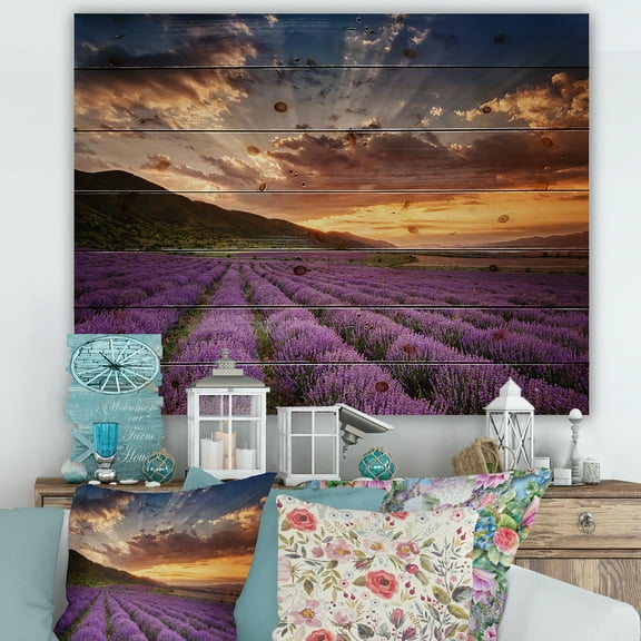 Designart 'Dramatic Clouds and Sunrise Over Lavender Field X' Farmhouse Print on Natural Pine Wood