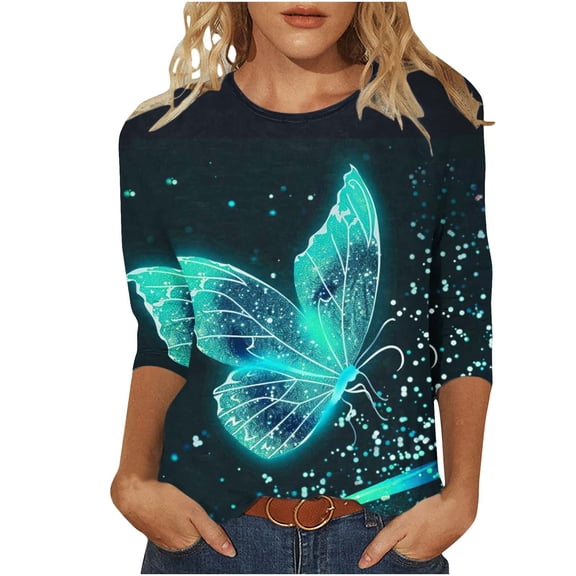 Sexlip Womens Gradient Butterfly Print Tee Short Sleeve Design Stretchy Fabric Relaxed Silhouette for Weekend Getaways Blue XXL