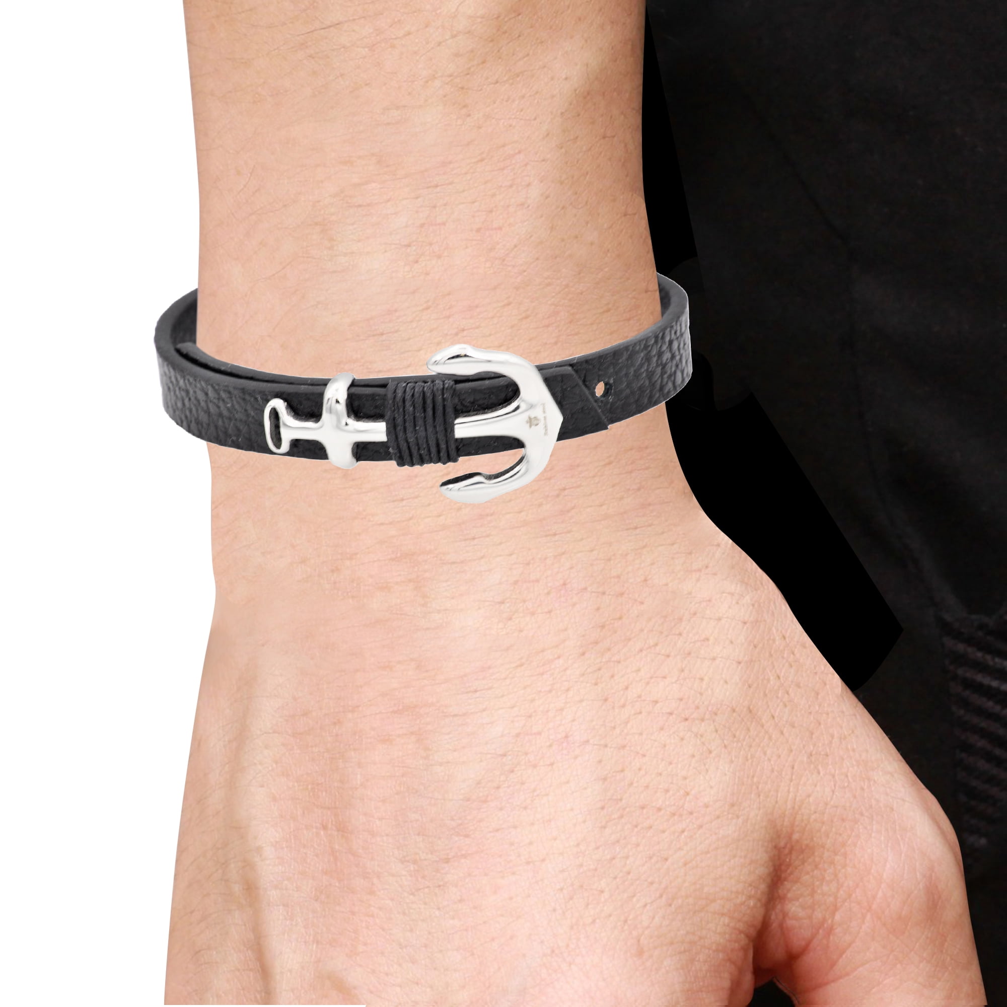 Arista Men's Anchor Bracelet with Adjustable Strap in Black Leather Stainless Steel, 8.5"