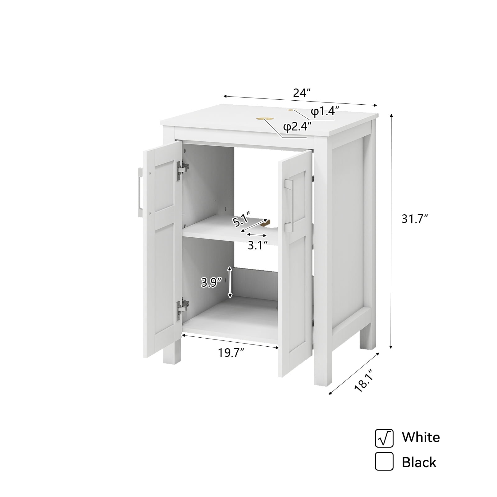 ELECWISH 24 Inches Traditional Bathroom Vanity in White Finish, Single Bathroom Vanity with Top and 2-Door Cabinet