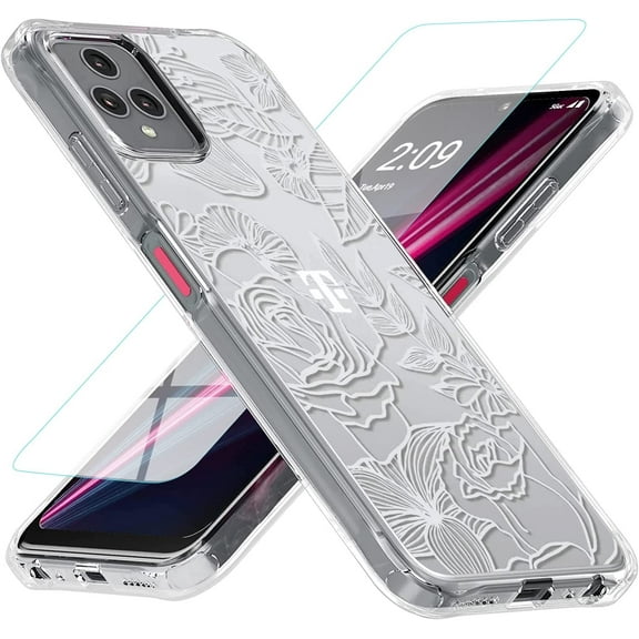 Circlemalls T-Moblie Revvl 6 Pro 5G Case, [With Tempered Glass Screen Protector], Shockproof Protective Bumpers Cover-White Flower