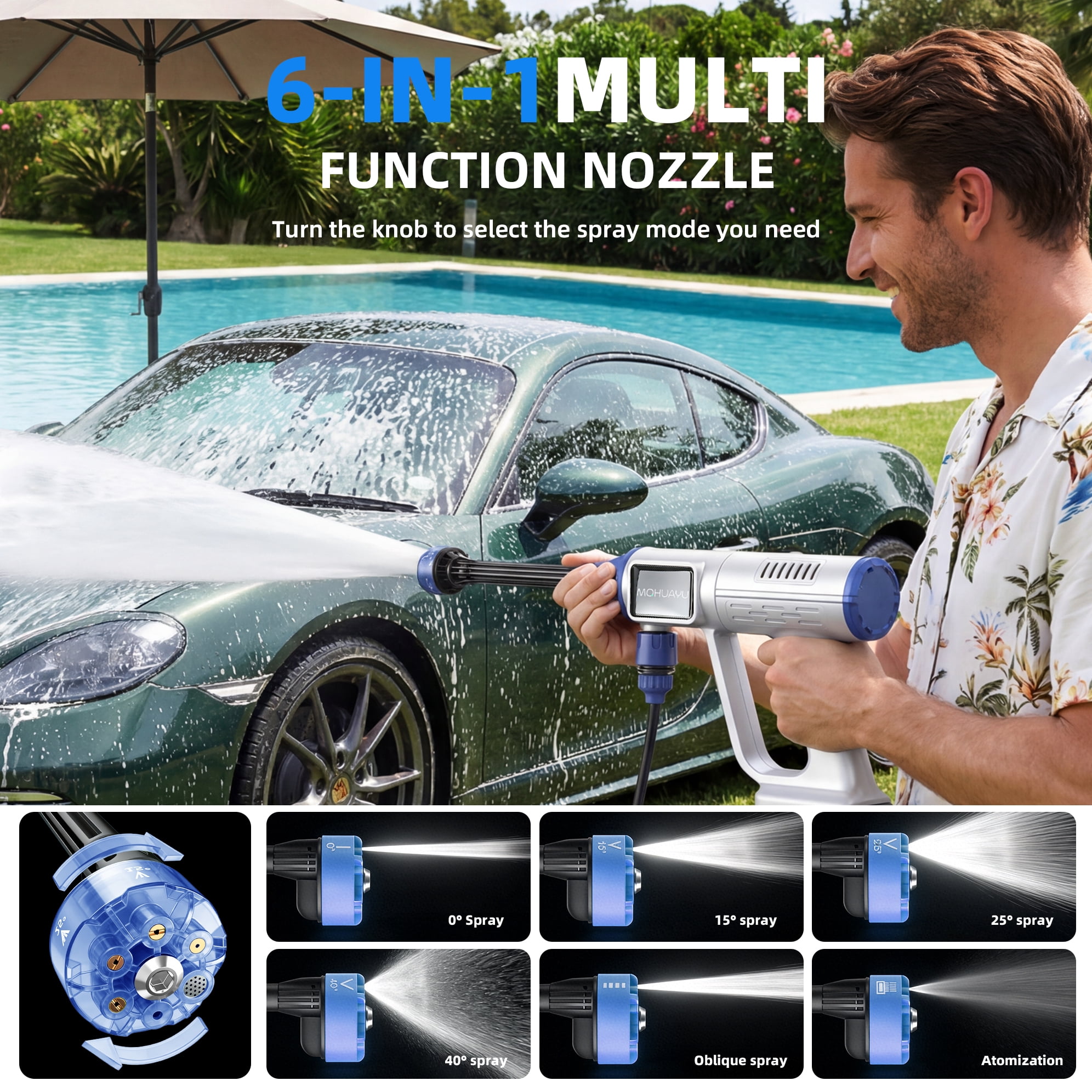MQHUAYU 1500PSI Cordless Pressure Washer, 200W 4.0GPM Portable Power Washer with 6-in-1 Adjustable Nozzle, 2×96V Battery Power Cleaner with 32.8ft Hose for Cars/Patios