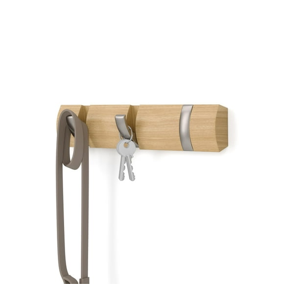 Perchero Umbra abatible para pared con 3 ganchos, color natural/níquel