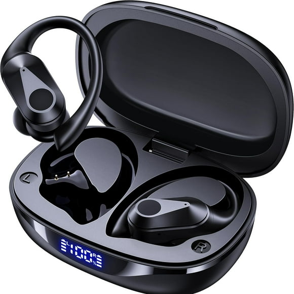 Auriculares Bluetooth Inalámbricos Deportivos – 90 Horas de Reproducción, IPX7 Resistentes al Agua, Estuche de Carga Inalámbrica, Ganchos para Orejas, Pantalla LED, Sonido Estéreo con Graves Potentes