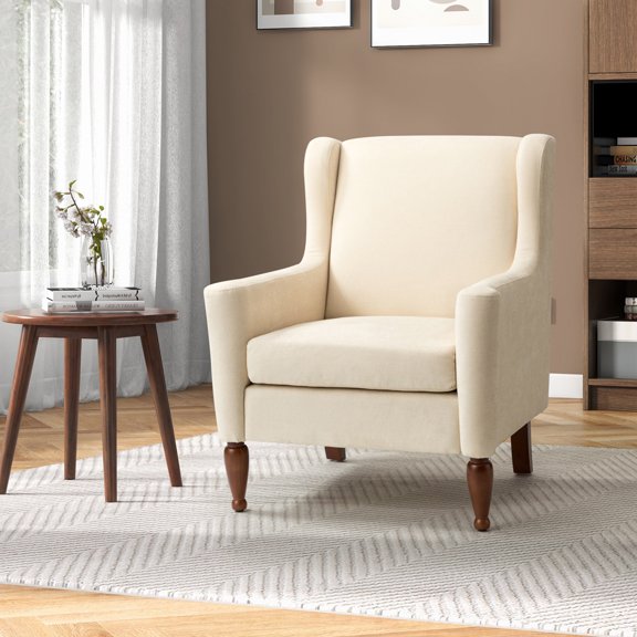Upholstered Wingback Reading Accent Chair Fabric Lounge Armchair Wood Legs Removable Cushion Living Room Ivory