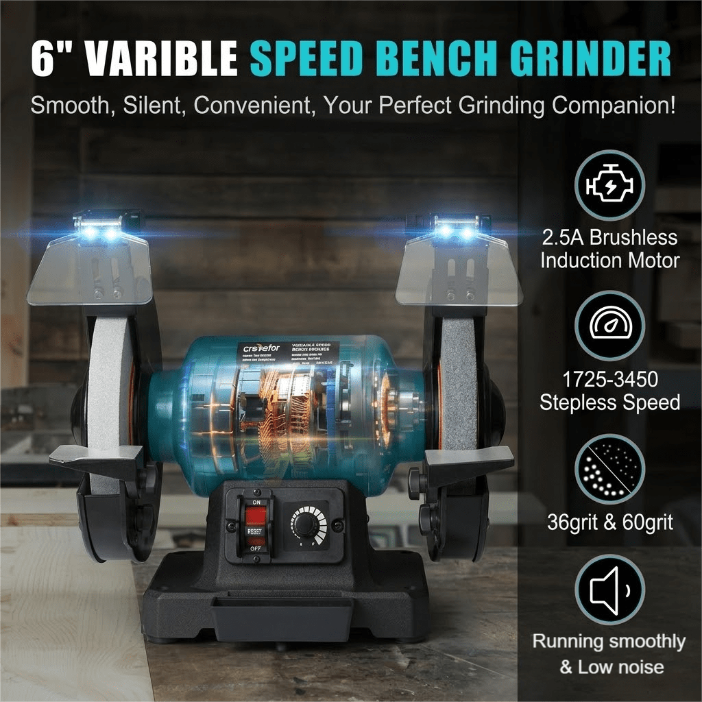6-Inch Variable Speed Bench Grinder with Grinding Wheel Dresser, 1725–3450 RPM 2.5 Amp Brushless Induction Motor for Sharpening, Grinding & Polishing