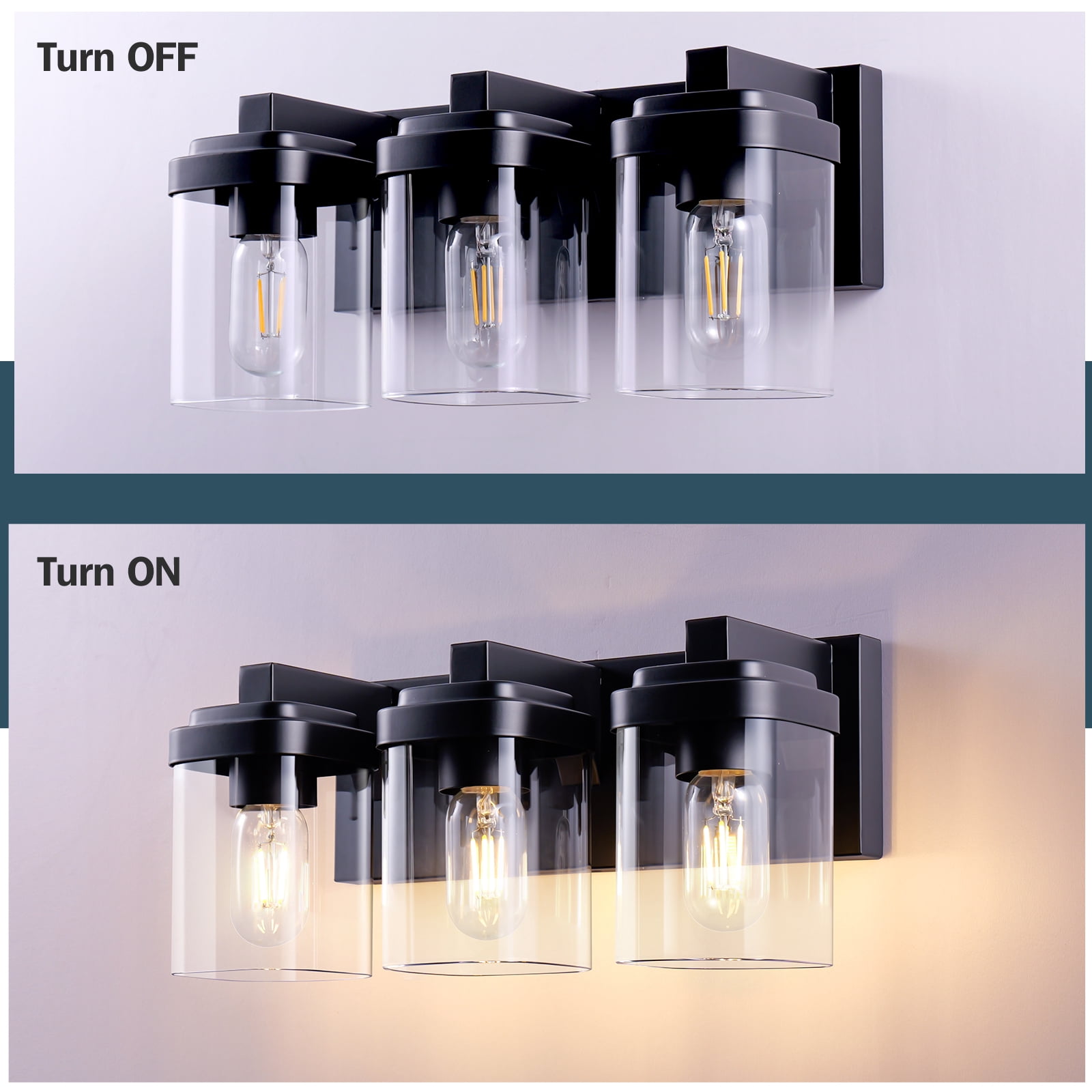 3-Light Black Bathroom Vanity Light, Modern Vanity Lighting Fixture for Bathroom, 15.75" Matte Light Fixture, Wall Sconces with Clear Glass Shade, Black Bathroom Wall Light Over Mirror