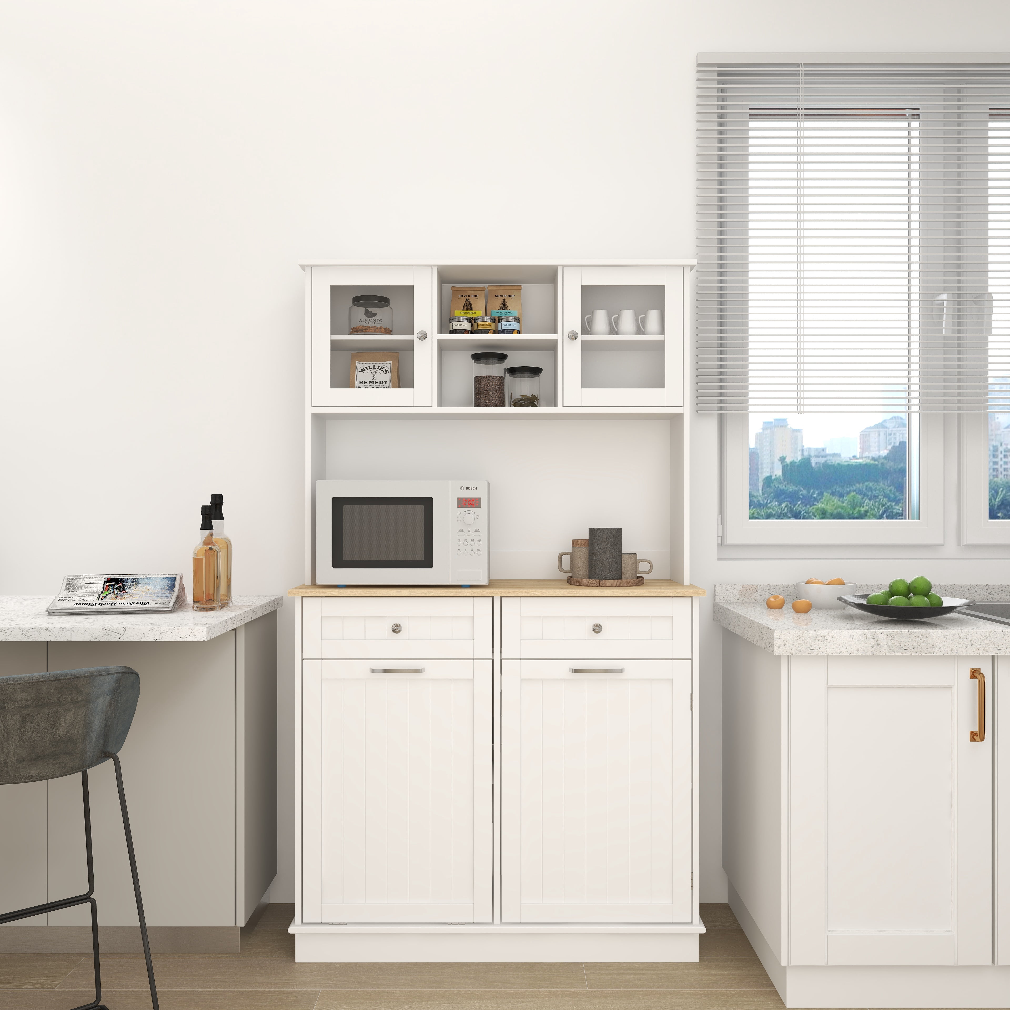 Mintazer Kitchen Pantry Cabinet with Tilt‑Out Trash Bin Compartment, Freestanding Buffet Hutch with Adjustable Shelves & 2 Drawers for Kitchen Dining Room, White