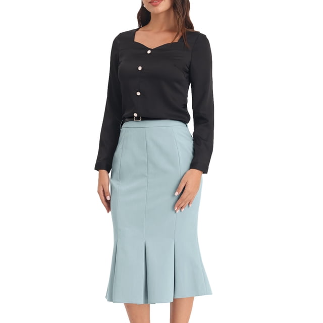 Falda de trabajo sólida INSPIRE CHIC para mujeres, por debajo de la rodilla, con cola de pez y cinturón, 2XL, gris claro azul