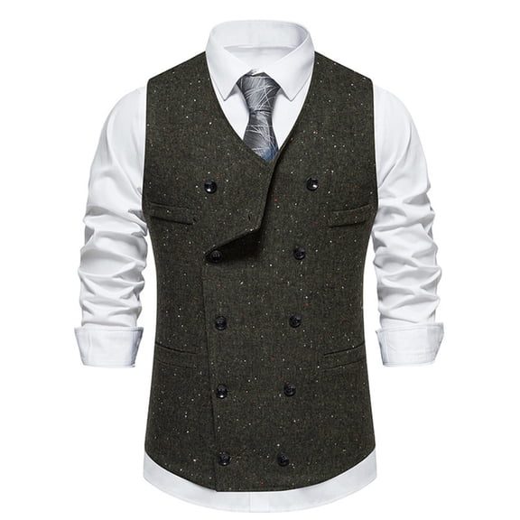 Men's Vintage Tweed Vest V-Neck Sleeveless Business Suit Vest Double Breasted Slim Fit Formal Waistcoat for Wedding Party S-XXL Army Green XL