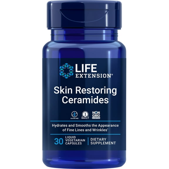 Life Extension Skin Restoring Ceramides – Wheat Oil Extract – Hydrates & Smooths the Appearance of Fine Lines & Wrinkles – Gluten-Free, Non-GMO, 1-Daily, Vegetarian – 30 Liquid Capsules