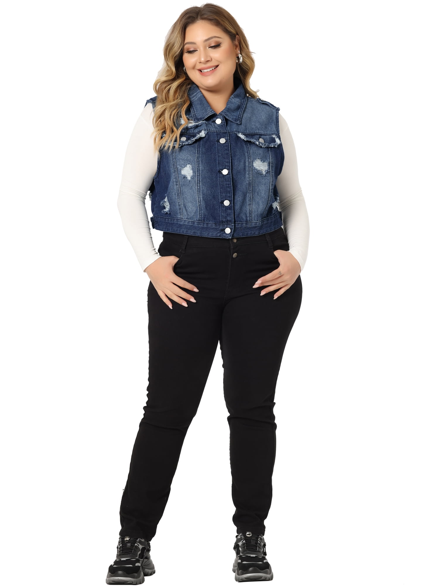 Unique Bargains Women's Plus Size Denim Sleeveless Chest Pockets Vests Jacket 2X Dark Blue