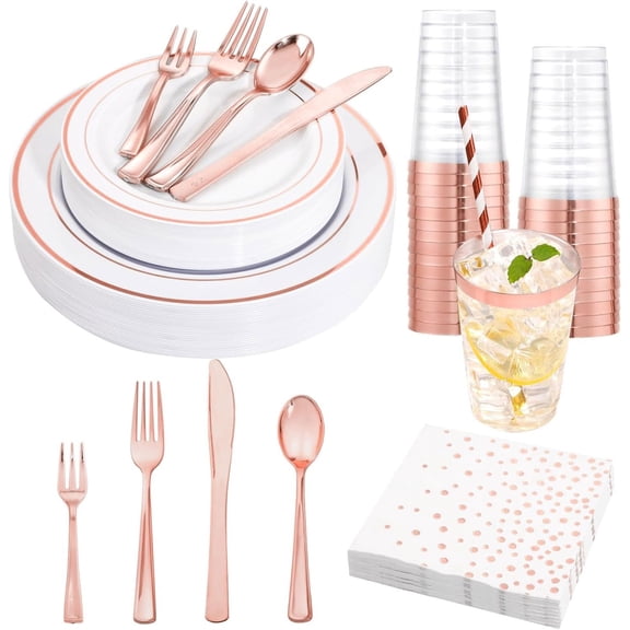 Ciaell 250PCS White and Rose Gold AFN1Plastic Plates - Plastic Plates Sets include 50Plate, 25Knives, 25Forks, 25Spoons, 25Mini Fork, 25 Cups, 25Paper Straws, 50Napkins for Party & Weddings