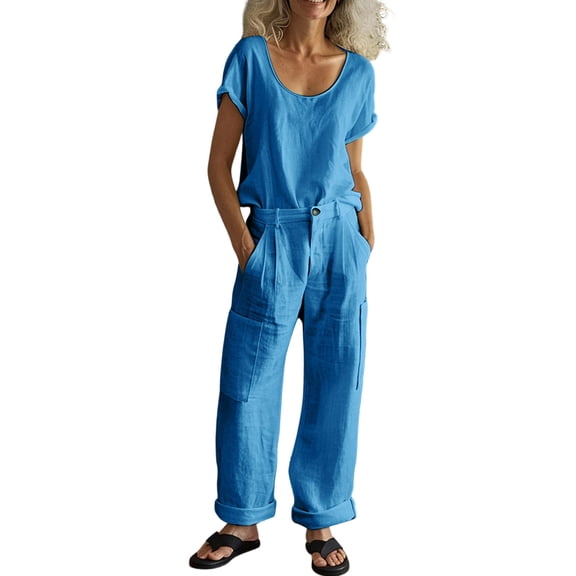 AKOEE Women's Linen 2 Piece Outfits Loose Casual Short Sleeve Crewneck Top and Wide Leg Cargo Pants Set (XL, Sky Blue)