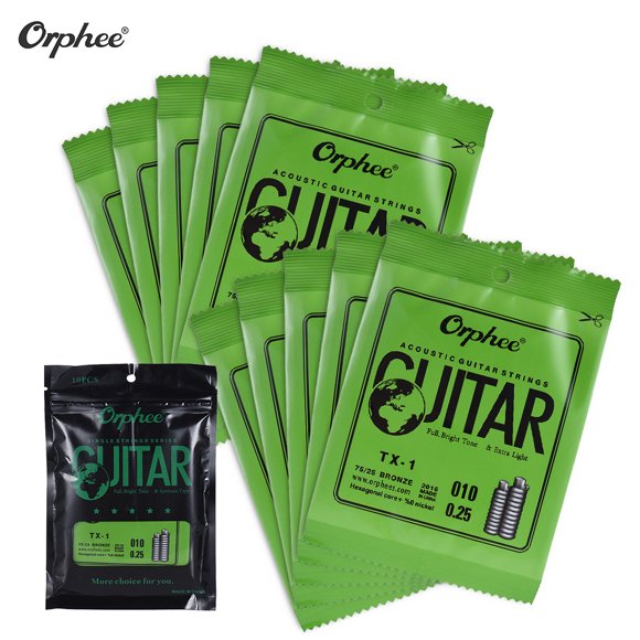 Orphee TX-1 seule chaîne de remplacement pour Folk Acoustic Guitar 1er E-String (.010) 10-Pack haute teneur en carbone Steel Core 75/25 Phosphor Bronze Extra Light Tension