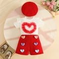 thumbnail image 1 of Conjuntos de blusas y camisas de cuello redondo y manga corta para niños, falda corta de manga larga con tiras en las axilas, pantalones, boina, conjunto de 3 piezas, pantalones cortos con cuentas de, 1 of 9