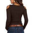 thumbnail image 3 of AKOEE Womens Long Sleeve Tops V Neck Cold Shoulder Soft Knit Base Sweater Slim Fit Trendy Going Out Clothes (XL, Brown), 3 of 8