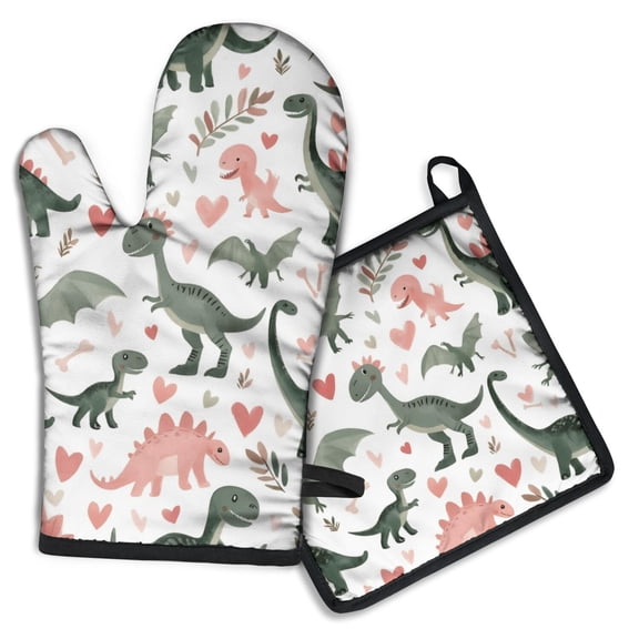 Cute Dinosaur Pattern Kitchen Oven Mitt and Pot Holder Sets 2 Pcs for Baking, Cooking and Grilling, Heat Resistant Up To 392 °F