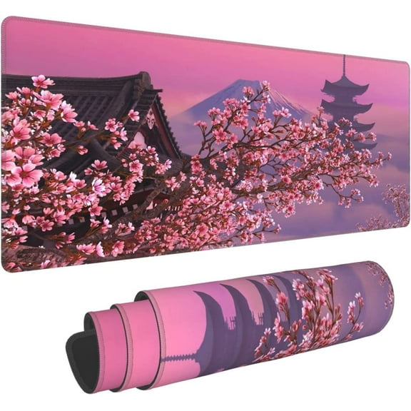 Japanese Sakura Flower Extended Mouse Pad 31.5x11.8 Inch XL Pink Cherry Blossom Non-Slip Rubber Base Large Mousepad with Stitched Edges Waterproof Keyboard Mouse Mat Desk Pad for Office Home Game
