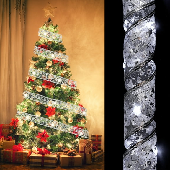 Christmas Tree Ribbon Light, 9.84Ft 30 LEDs Ribbon Bows Lights, Battery Powered Christmas Tree Decorations String Light for Party Weddings Christmas Tree (Silver, White Light)