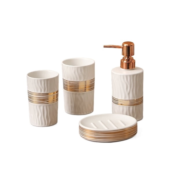Dispensador de jabón de cerámica de lujo ligero, creativo, kit de lavado de baño de 4 piezas, suministros for taza de enjuague bucal
