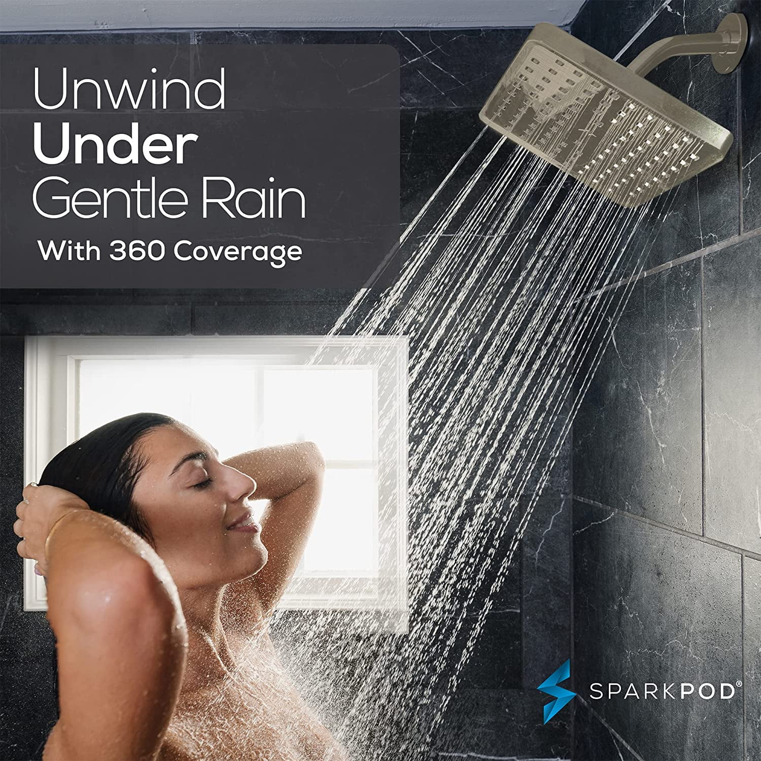 SparkPod High Pressure Rainfall Shower Head, Easy Install, Energy Saving (8 inch Square, Brushed Nickel)