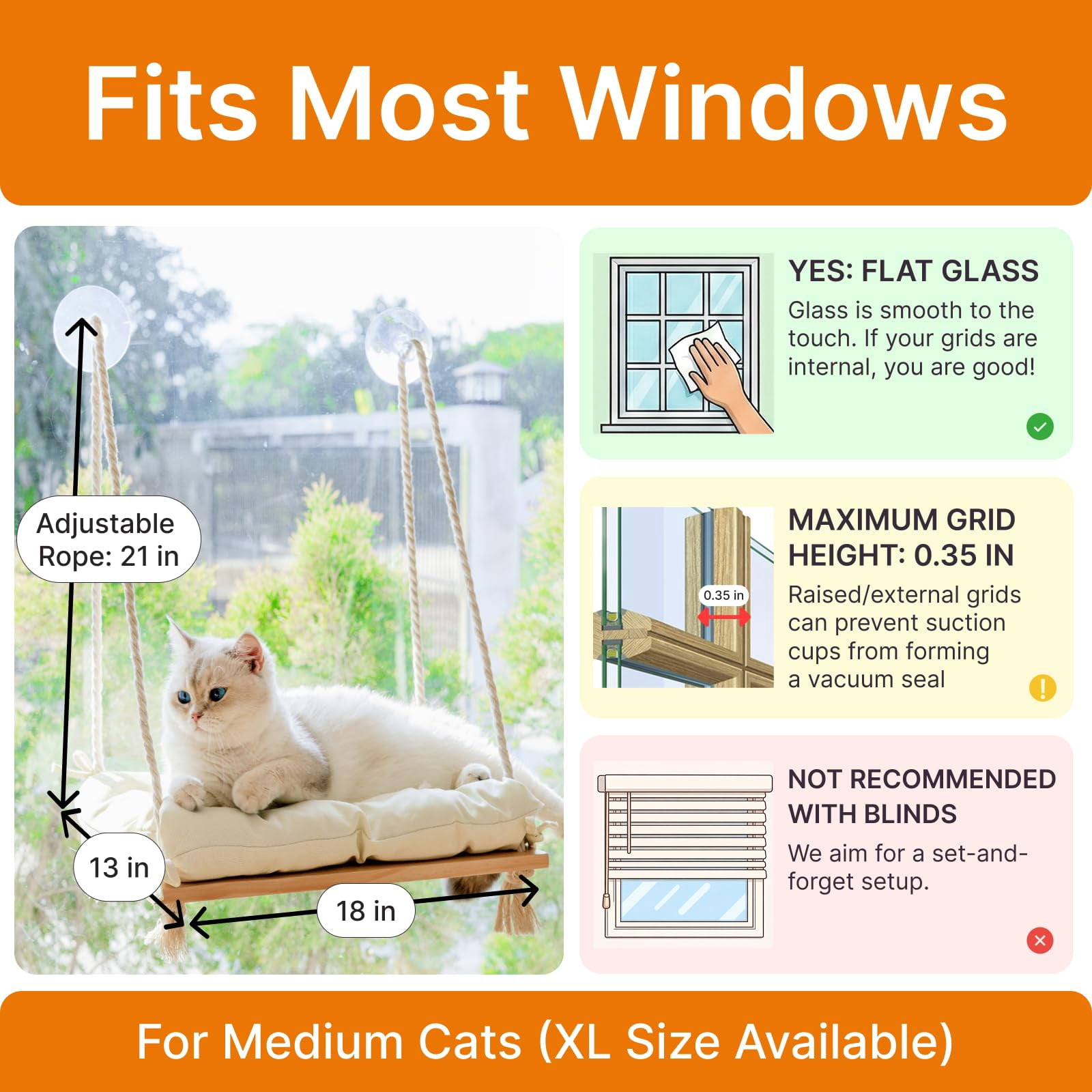 Cat Window Perch with Industrial-Grade Suction Cups - Solid Pine Wood Hammock Bed, Soft Cushion - 42 lb Capacity for Cats Inside