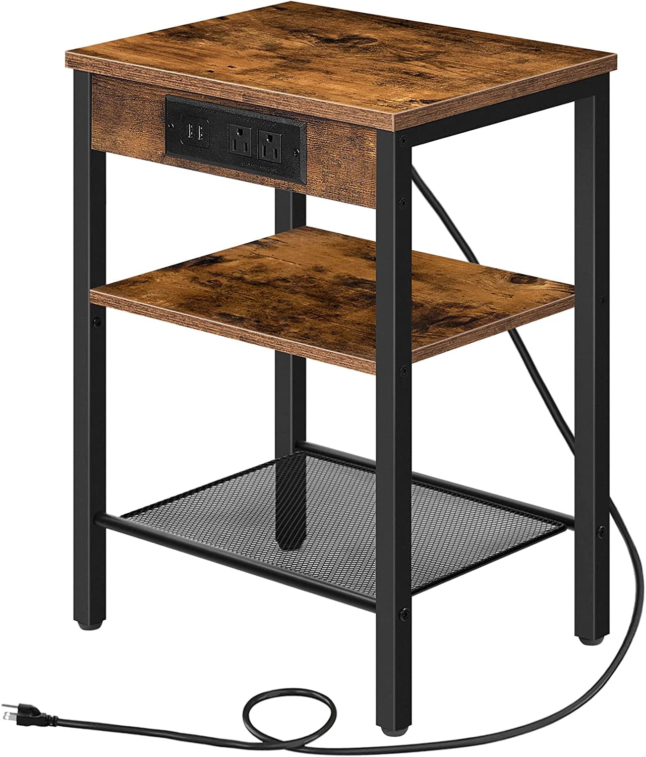 HOOBRO End Table with Charging Station and USB Ports 3Tier Nightstand