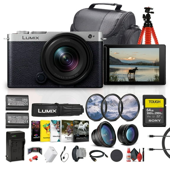 Panasonic Lumix S9 Full Frame Mirrorless Camera with 18-40mm f/4.5-6.3 Lens, Compact, Lightweight (Silver) (DC-S9NK)   64GB Memory Card   Photography Software   DMW-BLK22    More