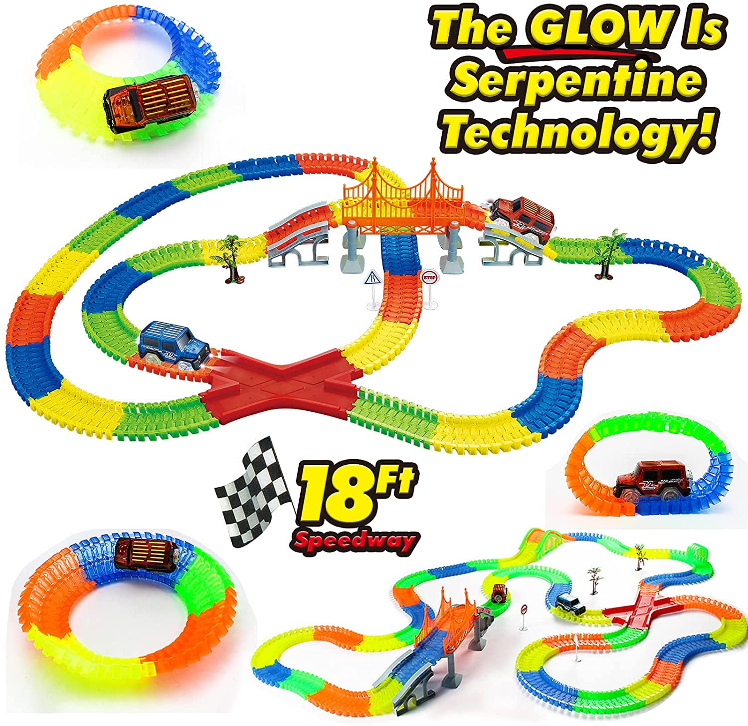 Flexible Glow In The Dark Race Track Toy Car 160 Piece Play Set For Kids Age 5+ 