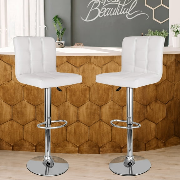 SuperDeal PU Leather Bar Stools Solid Back Chrome Base 360° Swivel Adjustable White, 2 Pieces