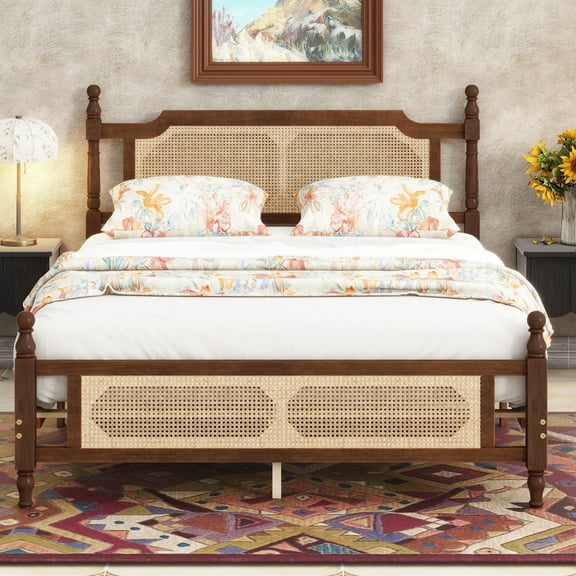 Queen Pine wooden Bed with Rattan Headboard and Footboard, with Central Enhanced Bed Platform,Walnut